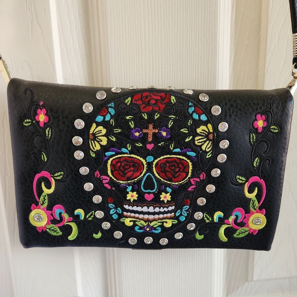 Dia De Muertos Halloween Rhinestone Skull Embroidery‎ Strappy Purse